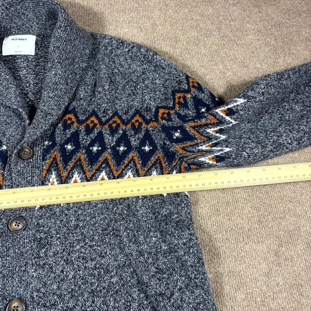 Old Navy Cardigan Sweater Mens Large Gray Fair Isle Shawl Collar Button Front